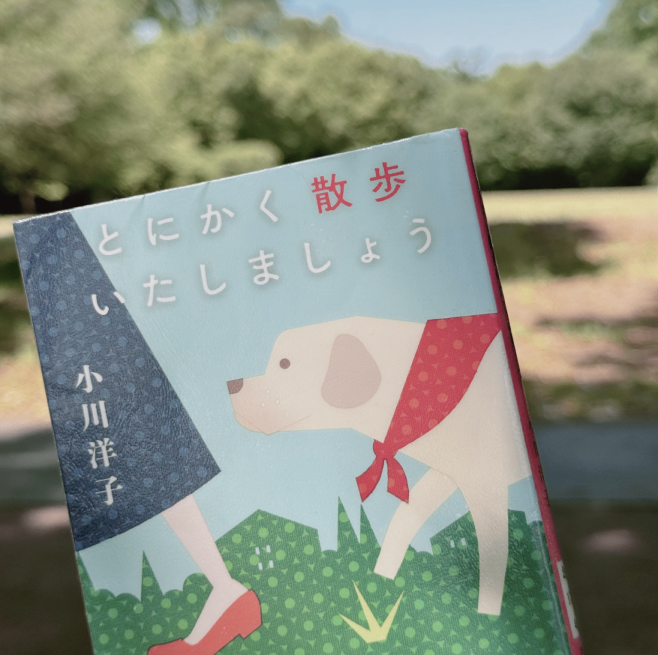 公園を背景に「とにかく散歩いたしましょう」と書かれた本を持っている