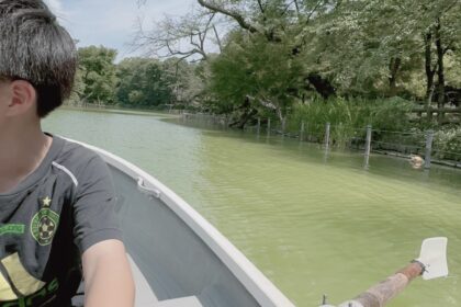 井の頭公園の手漕ぎボートを漕ぐ男の子