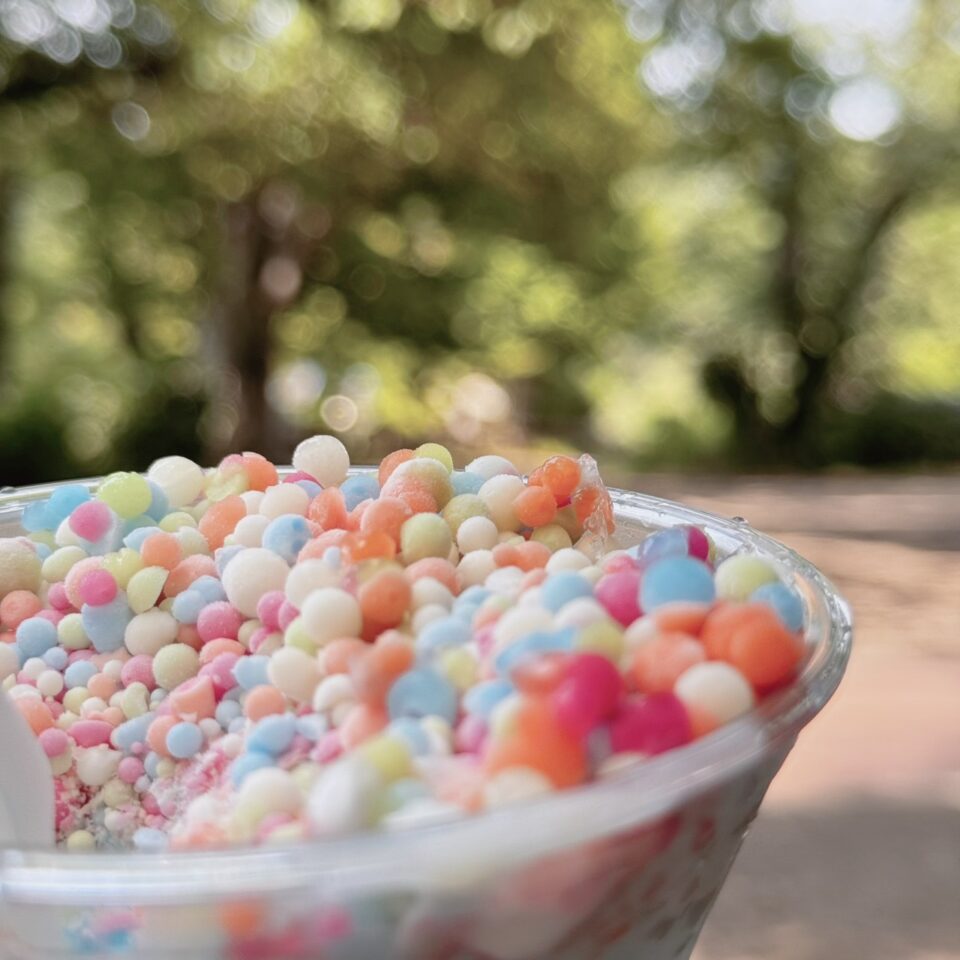 公園の緑を背景にディッピンドッツのアイスクリームが写っている